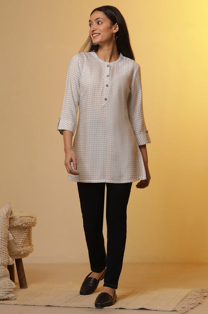 White Check Printed Yarn-Dyed Kurta and Denim Set