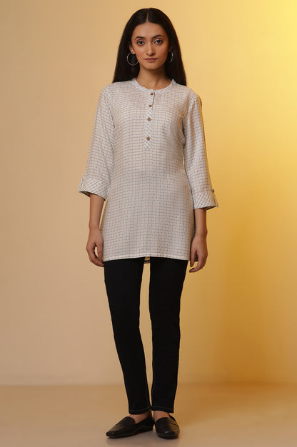 White Check Printed Yarn-Dyed Kurta and Denim Set