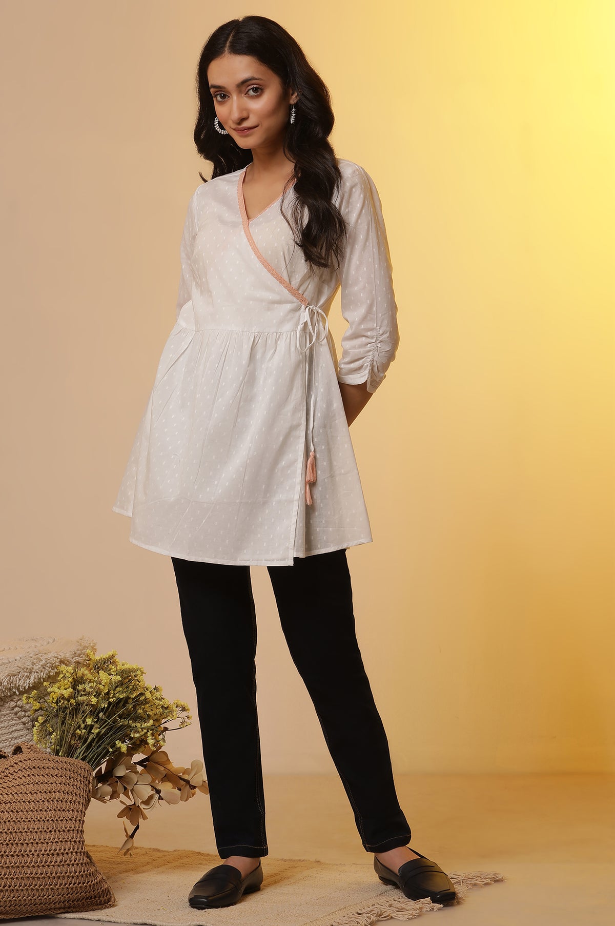 White Angarakha Short Kurti and Denim Jeggings Set - S