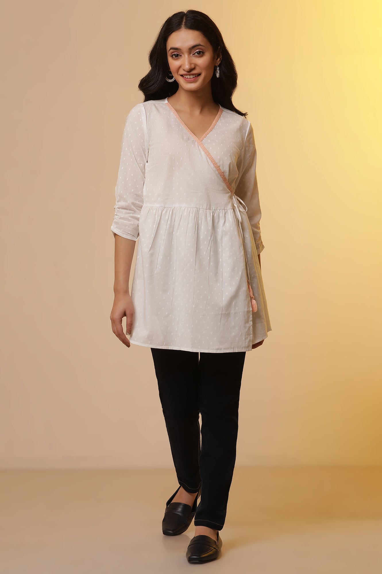 White Angarakha Gathered Short Kurti and Denim Jeggings Set