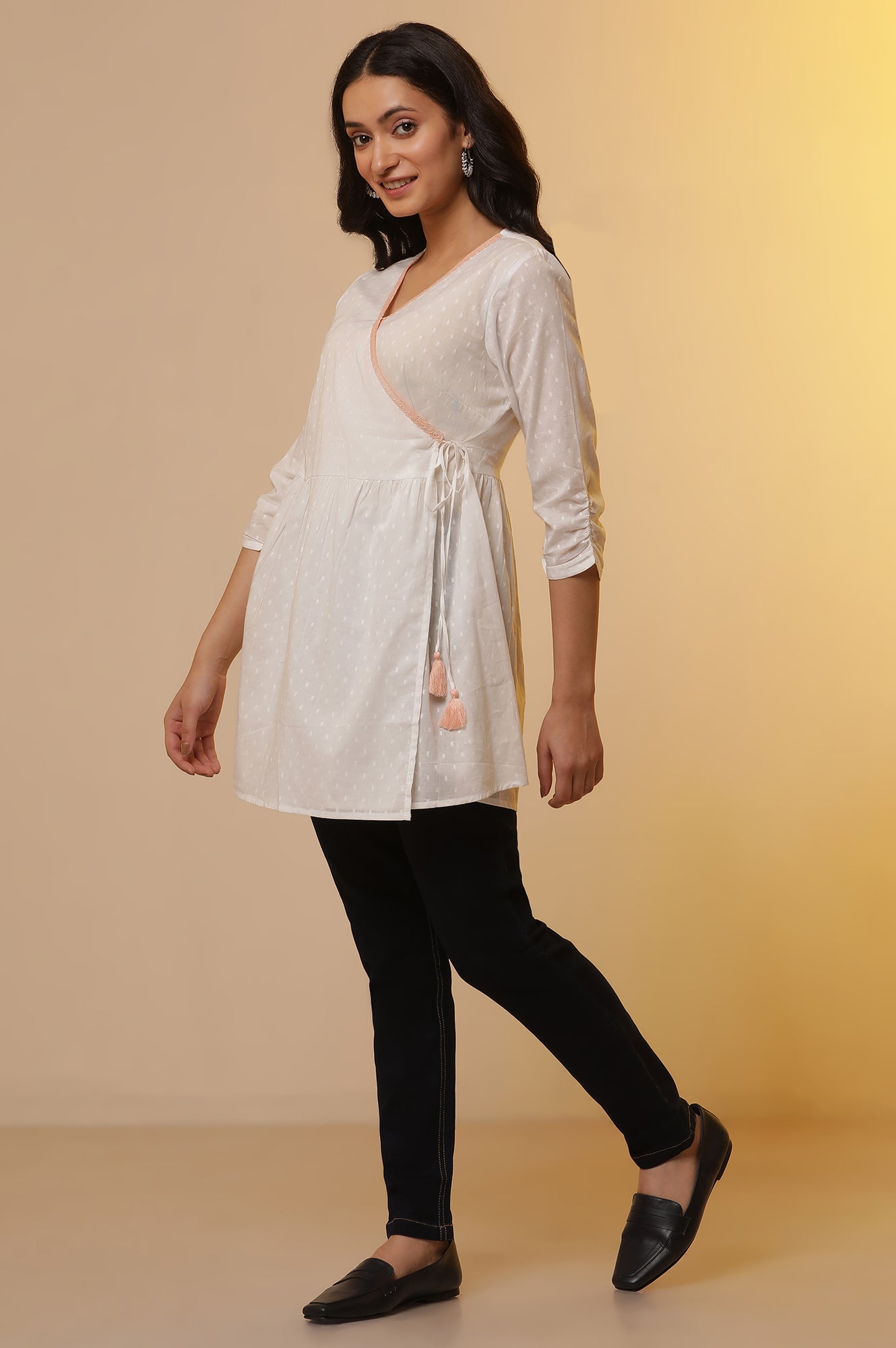 White Angarakha Gathered Short Kurti and Denim Jeggings Set