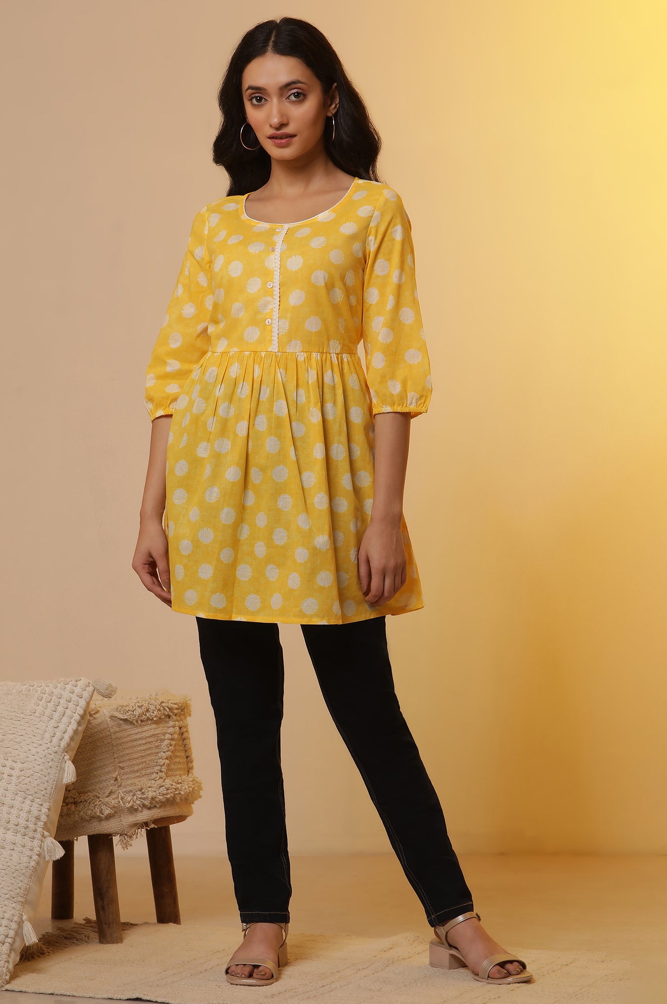 Yellow Polka Dot Cotton Short Kurti and Denim Jeggings Set