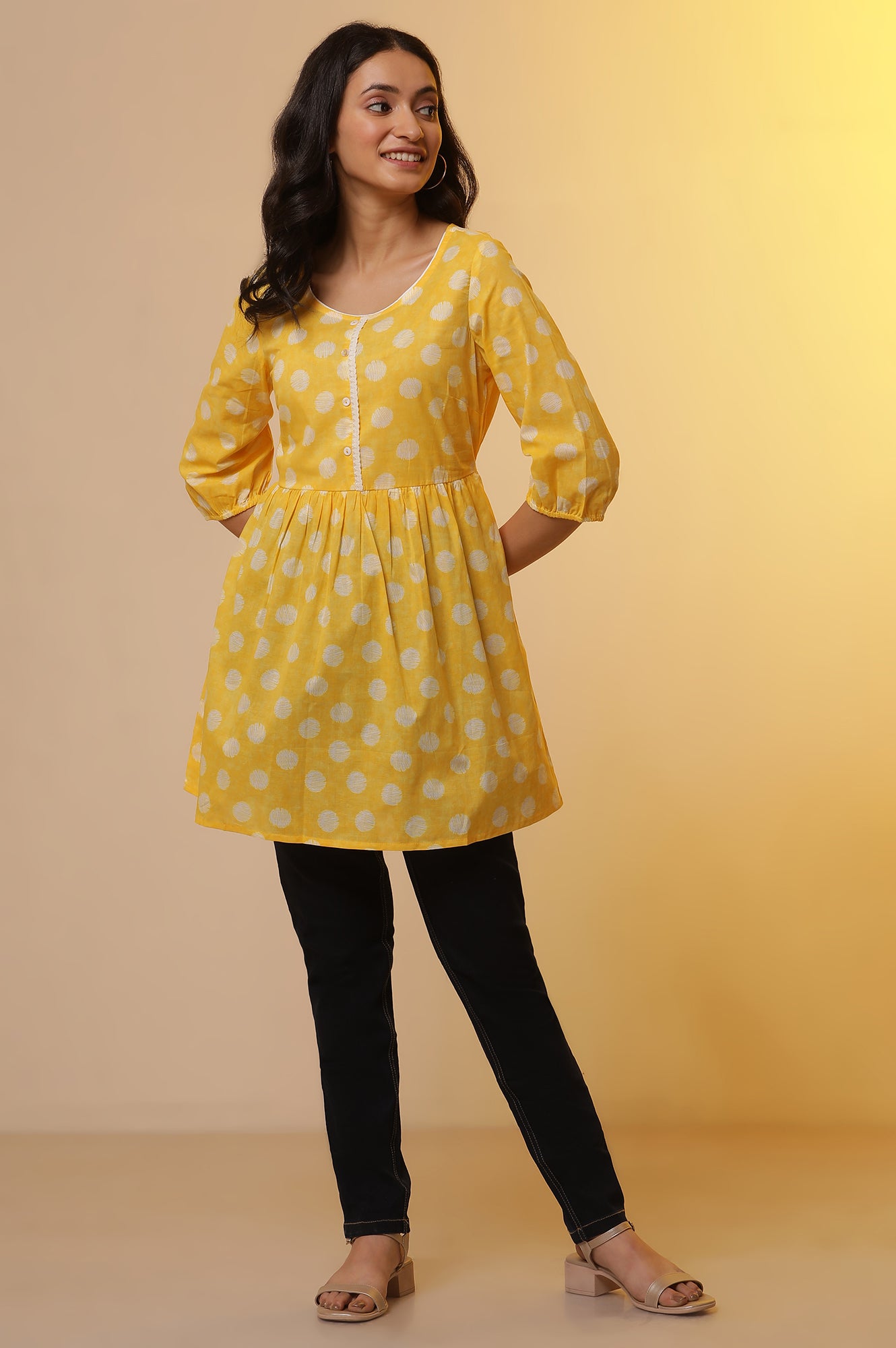 Yellow Polka Dot Cotton Short Kurti and Denim Jeggings Set