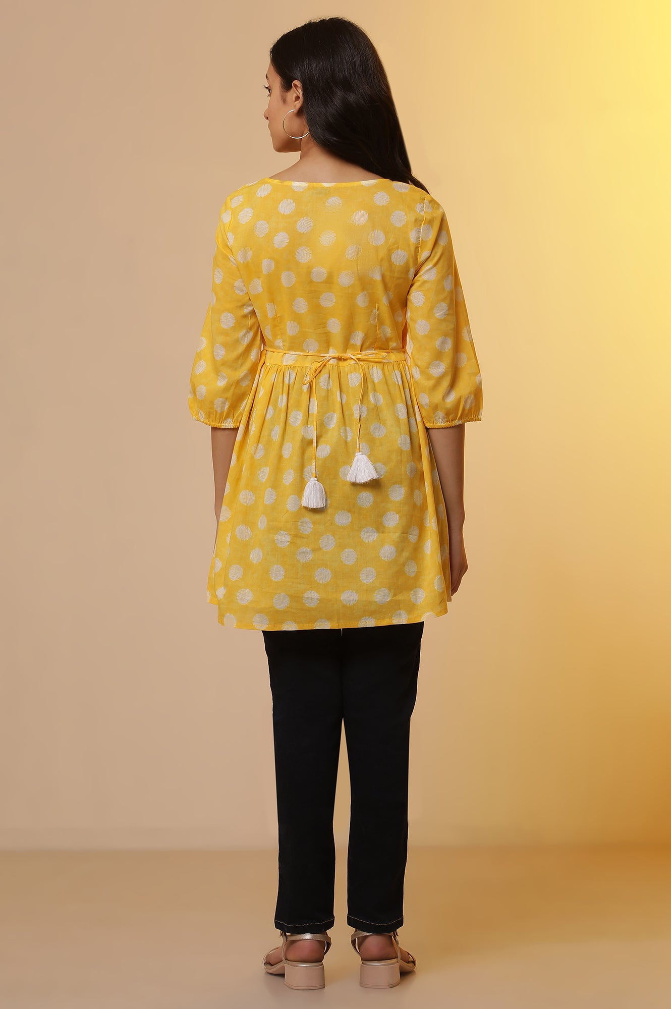 Yellow Polka Dot Cotton Short Kurti and Denim Jeggings Set