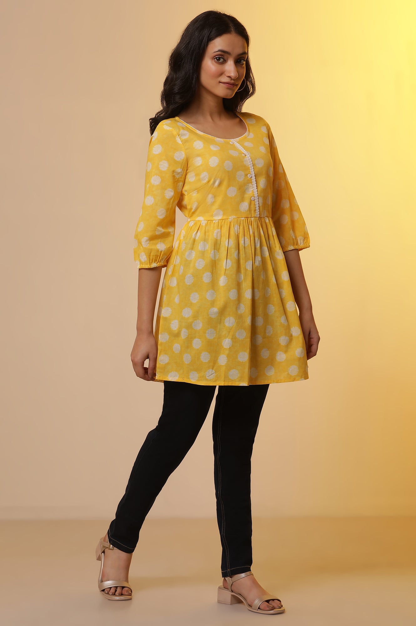 Yellow Polka Dot Cotton Short Kurti and Denim Jeggings Set