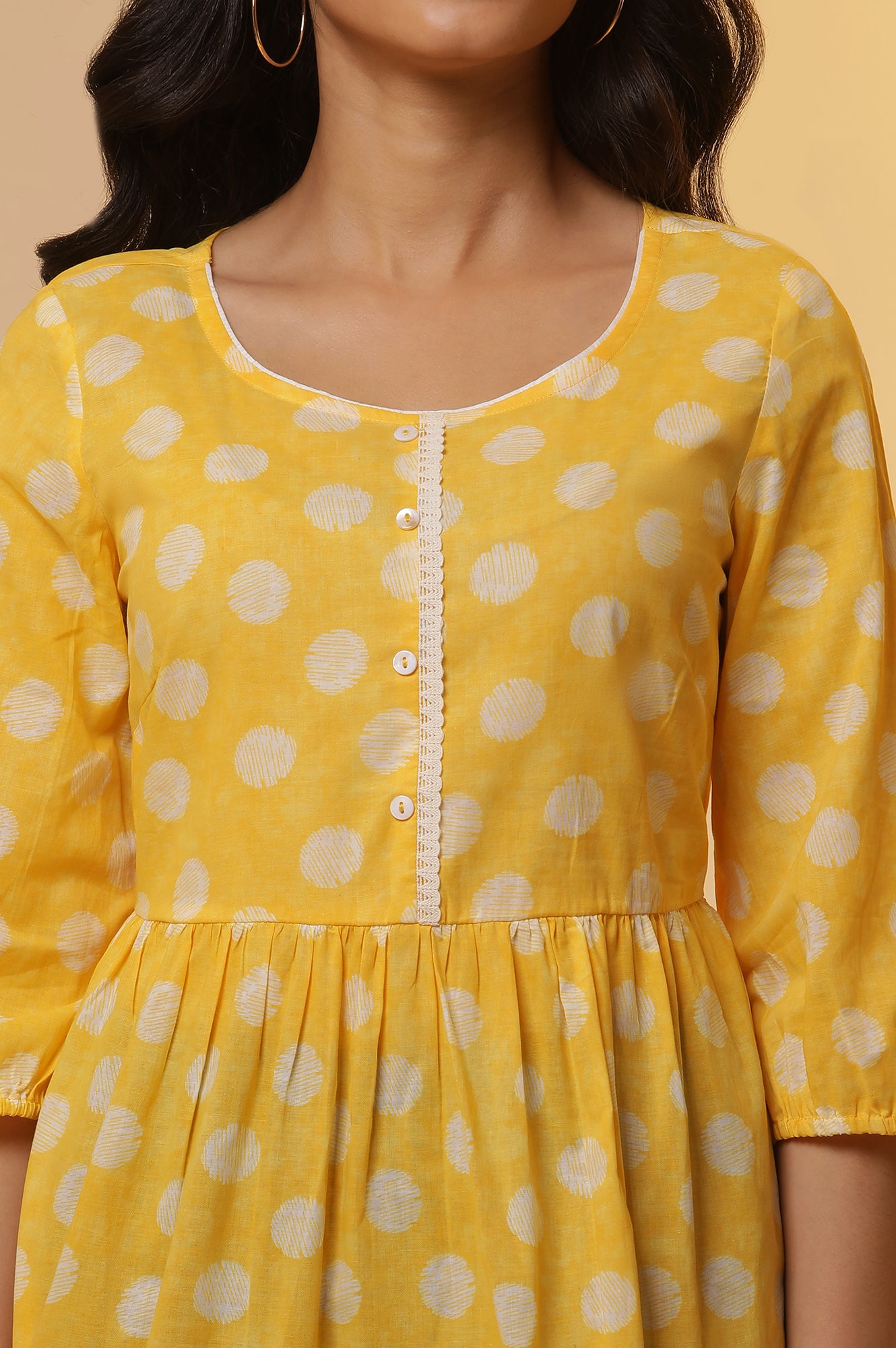 Yellow Polka Dot Cotton Short Kurti and Denim Jeggings Set