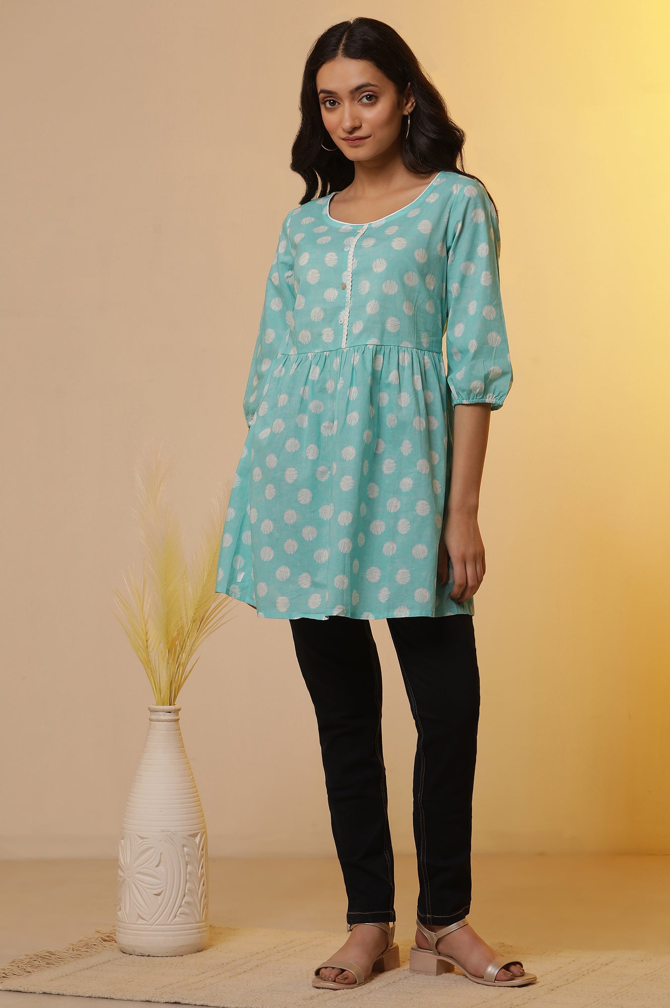 Blue Polka Dot Cotton Short Kurti and Denim Jeggings Set