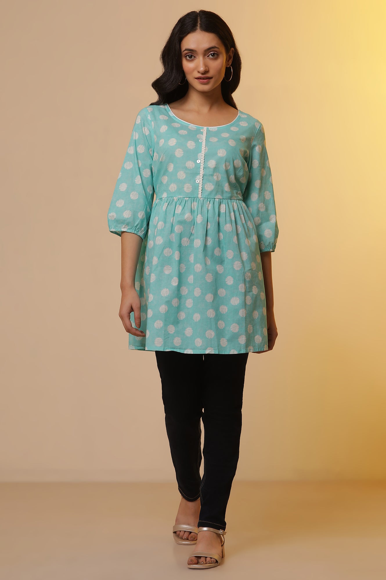 Blue Polka Dot Cotton Short Kurti and Denim Jeggings Set