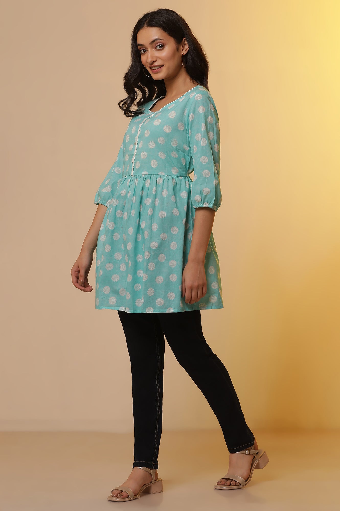 Blue Polka Dot Cotton Short Kurti and Denim Jeggings Set