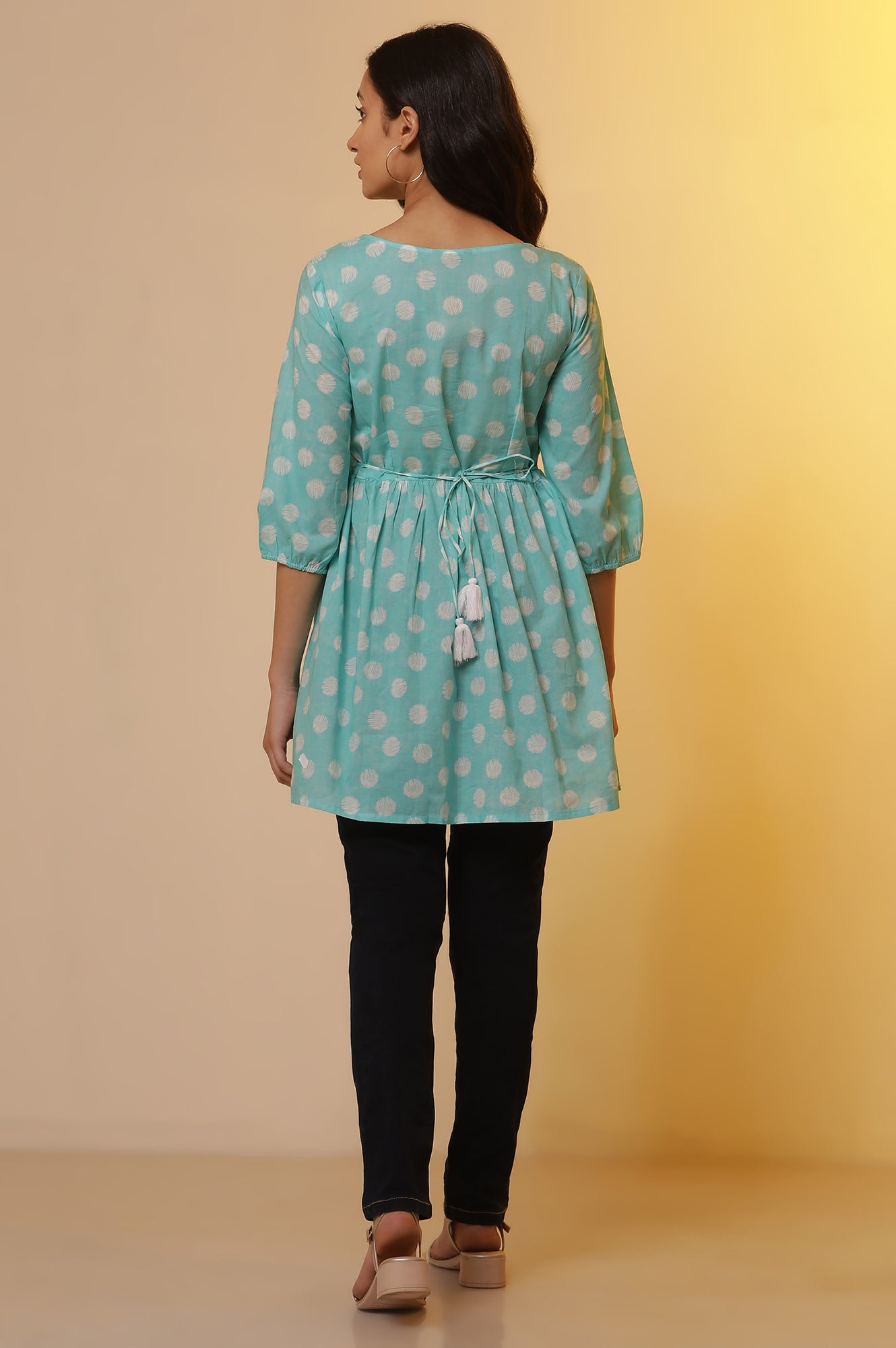 Blue Polka Dot Cotton Short Kurti and Denim Jeggings Set