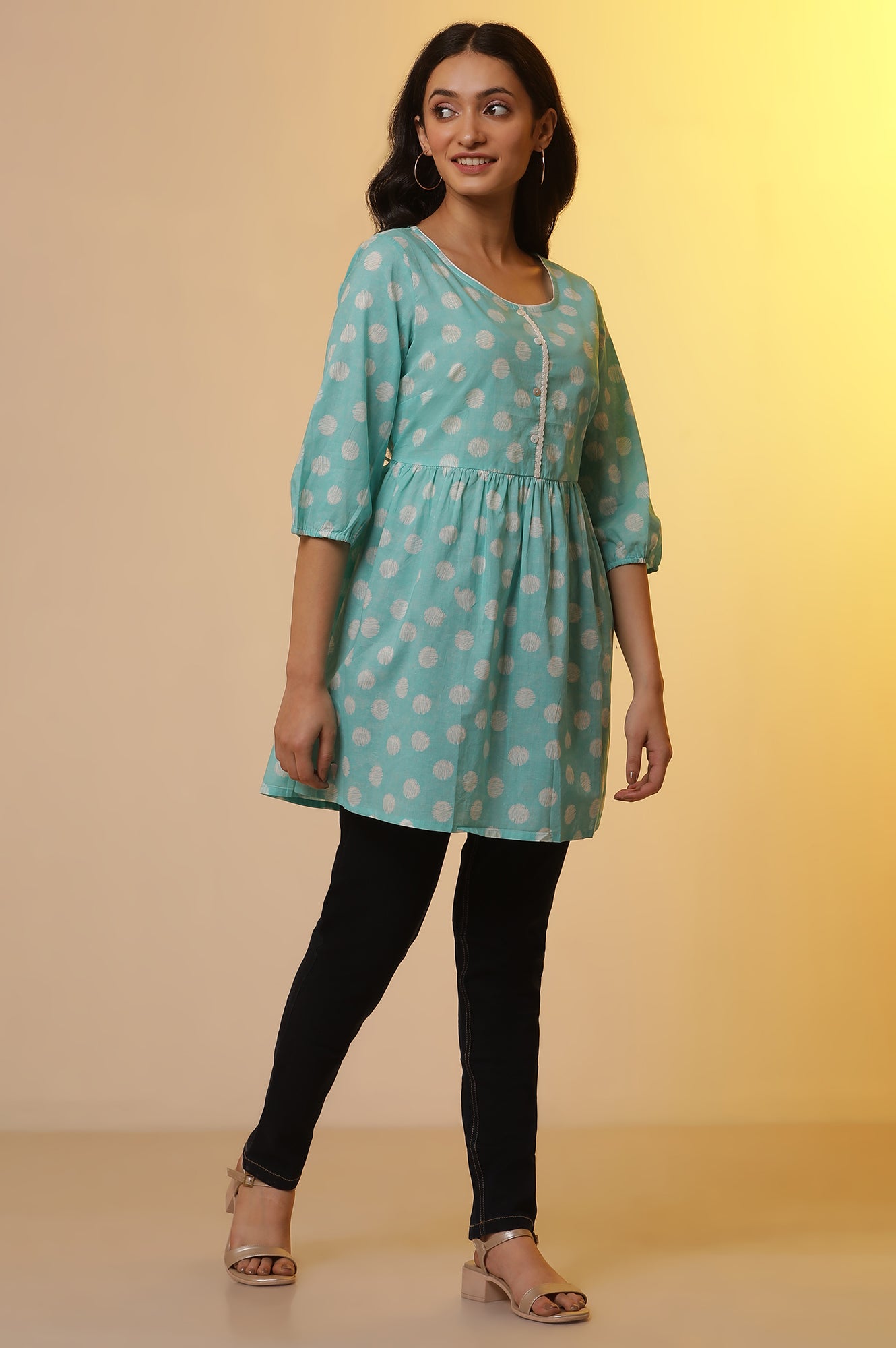 Blue Polka Dot Cotton Short Kurti and Denim Jeggings Set