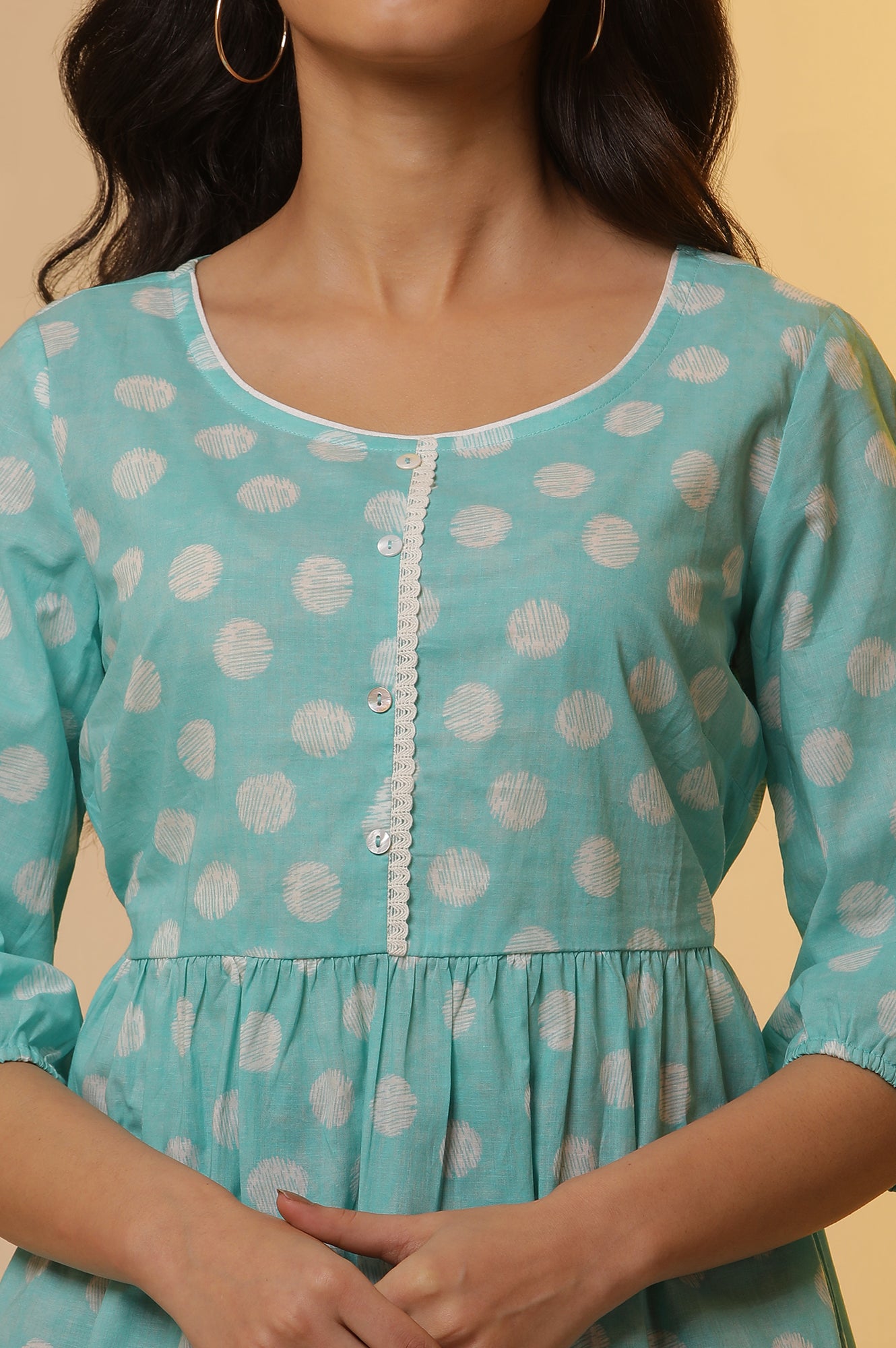 Blue Polka Dot Cotton Short Kurti and Denim Jeggings Set