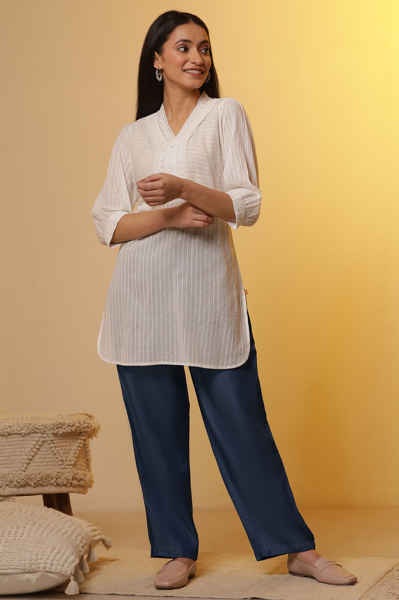 White Striped Sheer Cotton Kurti and Denim Narrow Pants Set