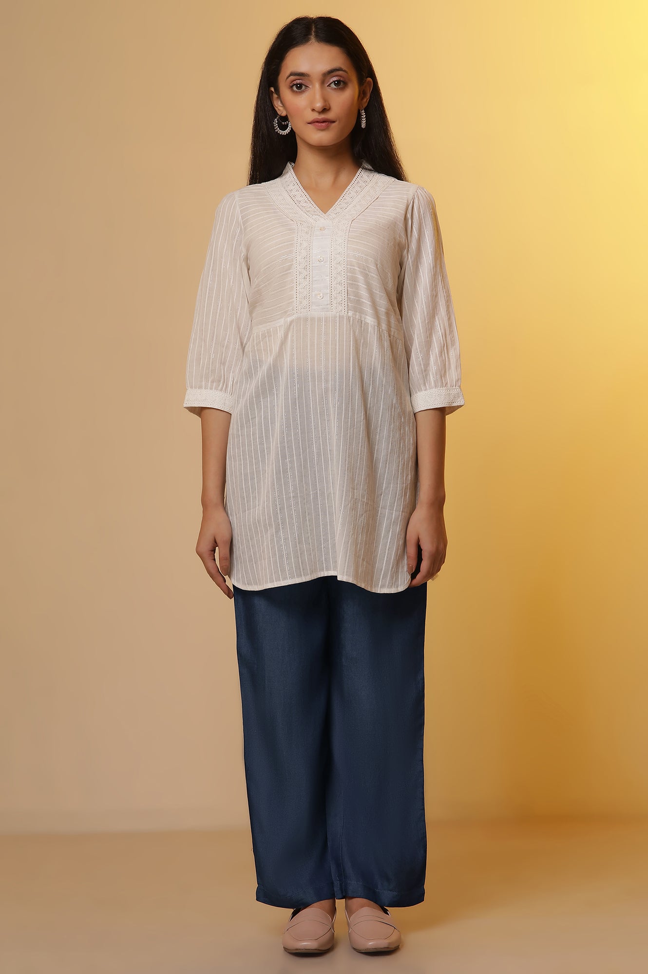 White Striped Sheer Cotton Kurti and Denim Narrow Pants Set