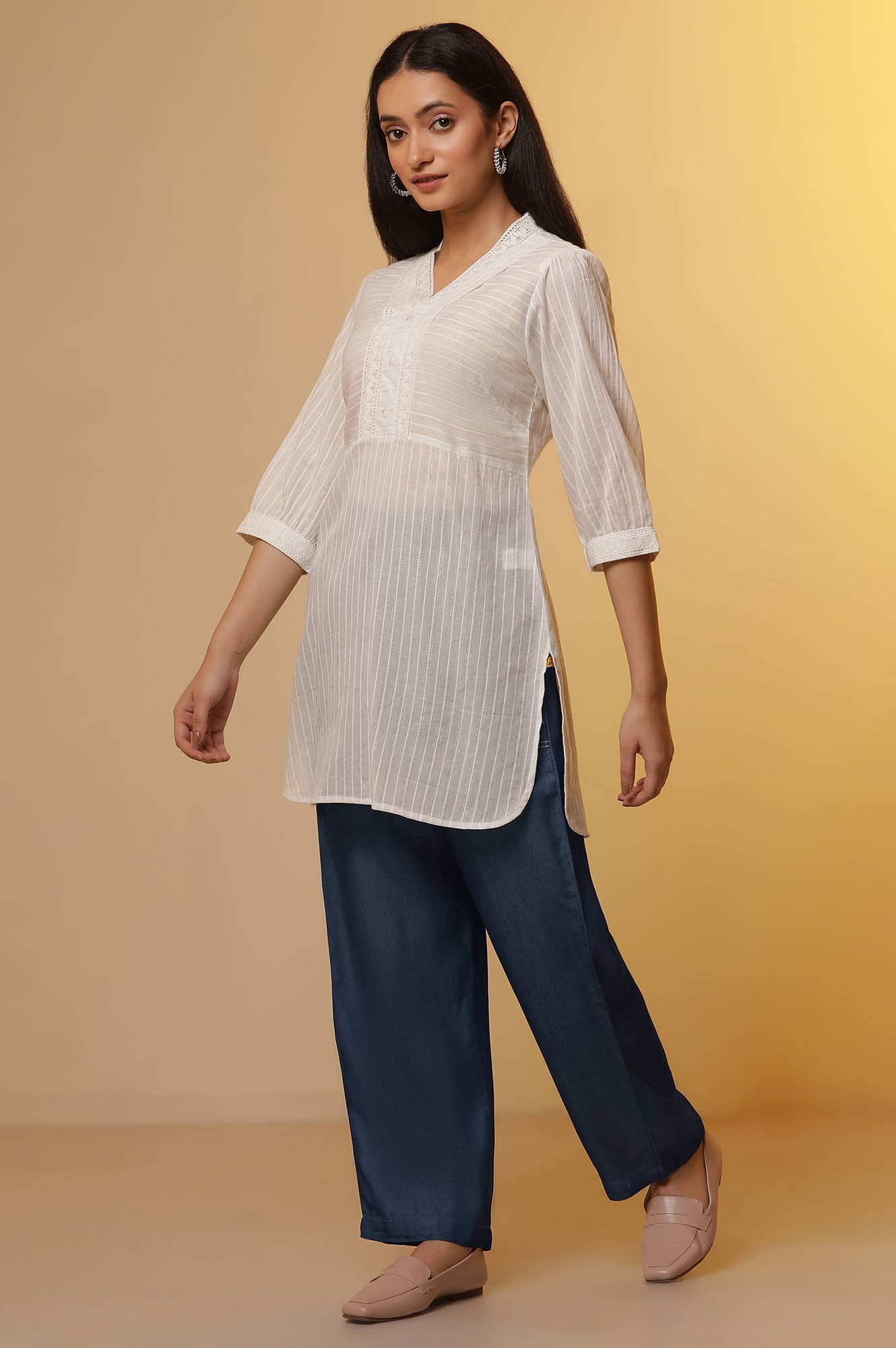 Buy White Striped Sheer Cotton Kurti and Denim Narrow Pants Set