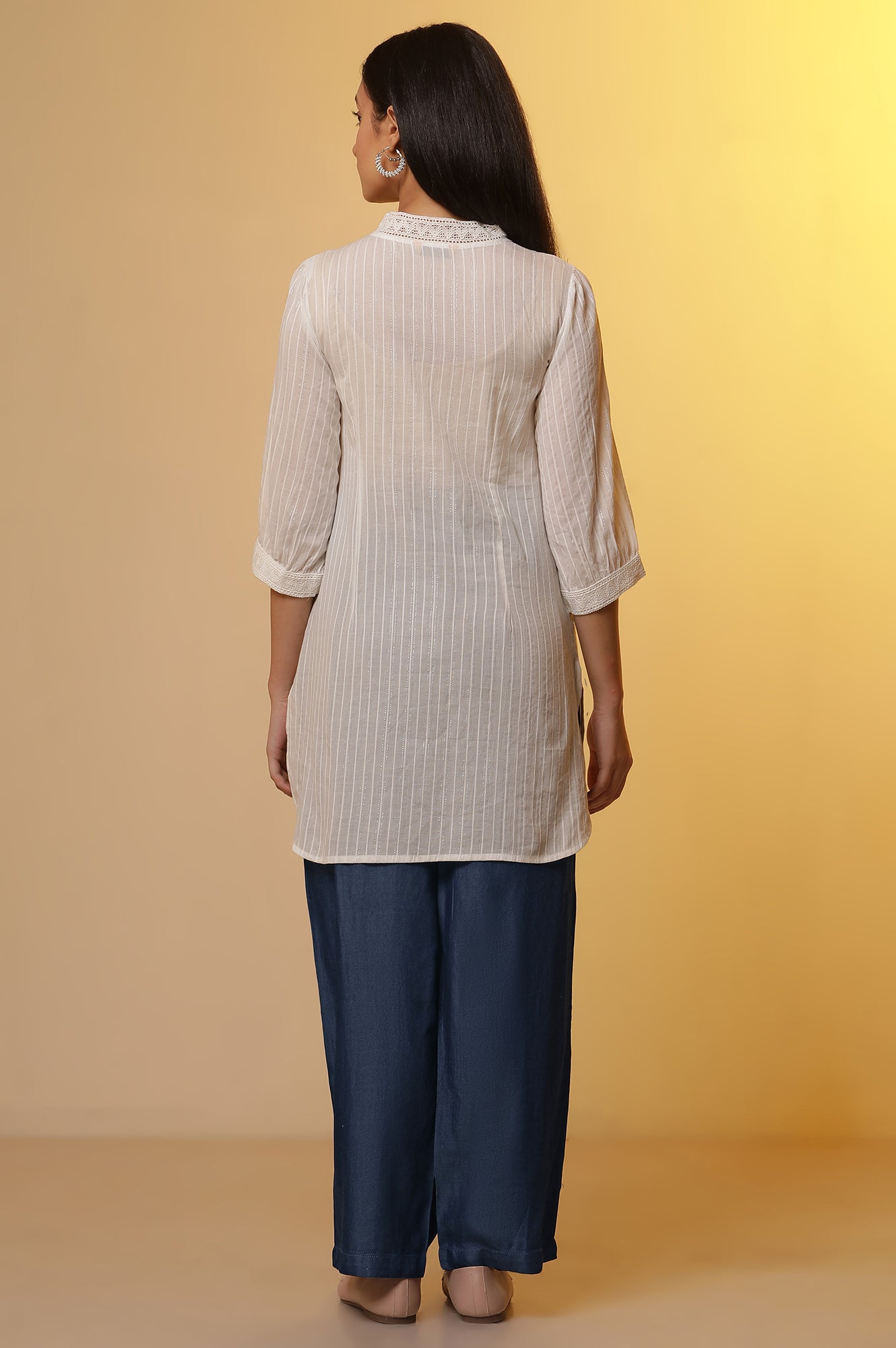 White Striped Sheer Cotton Kurti and Denim Narrow Pants Set