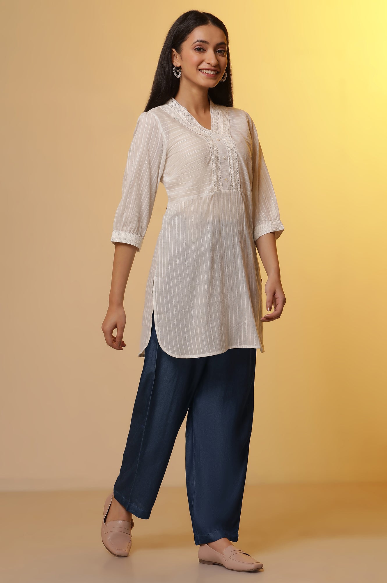 White Striped Sheer Cotton Kurti and Denim Narrow Pants Set