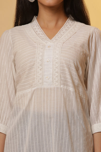 White Striped Sheer Cotton Kurti and Denim Narrow Pants Set