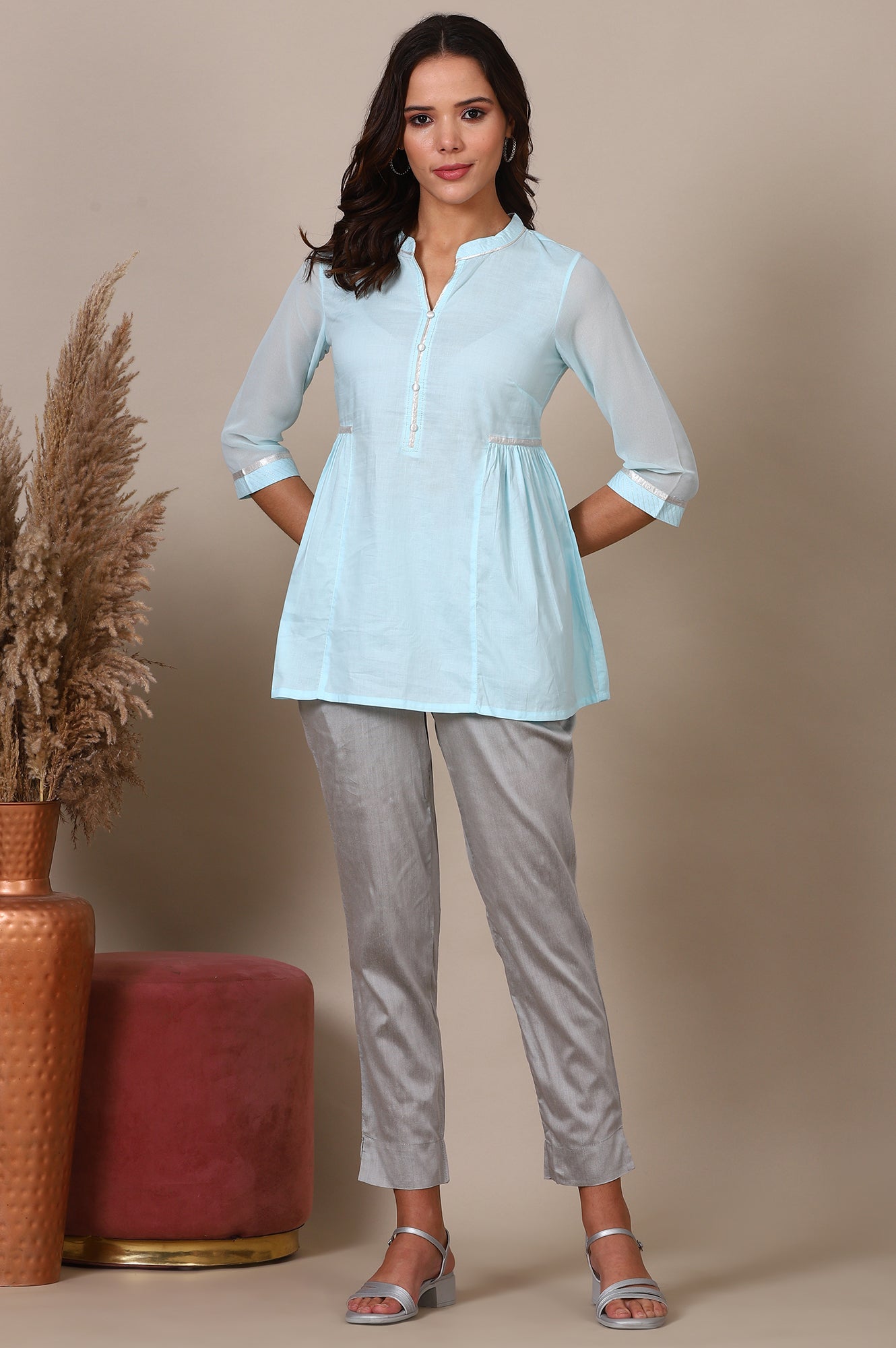 Blue Gathered A line Pure Cotton Top and Trousers Set