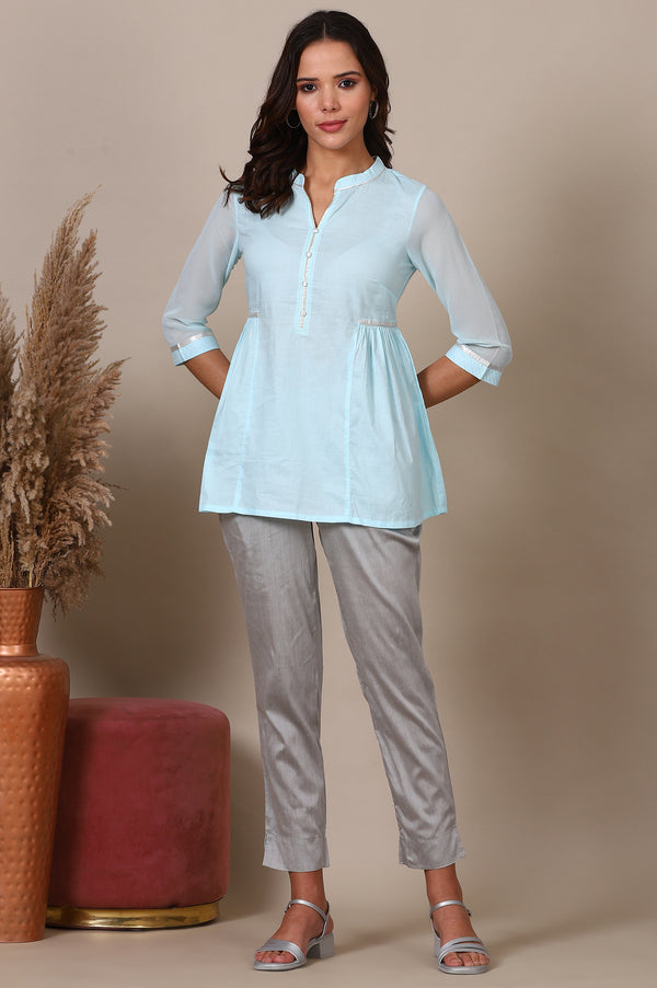 Blue A-line Pure Cotton Top and Trousers Set