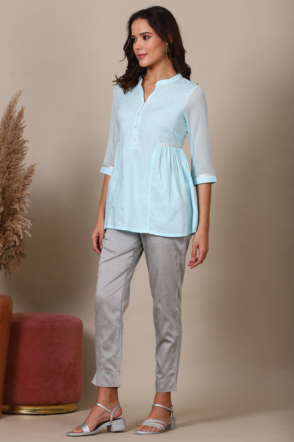 Blue Gathered A line Pure Cotton Top and Trousers Set