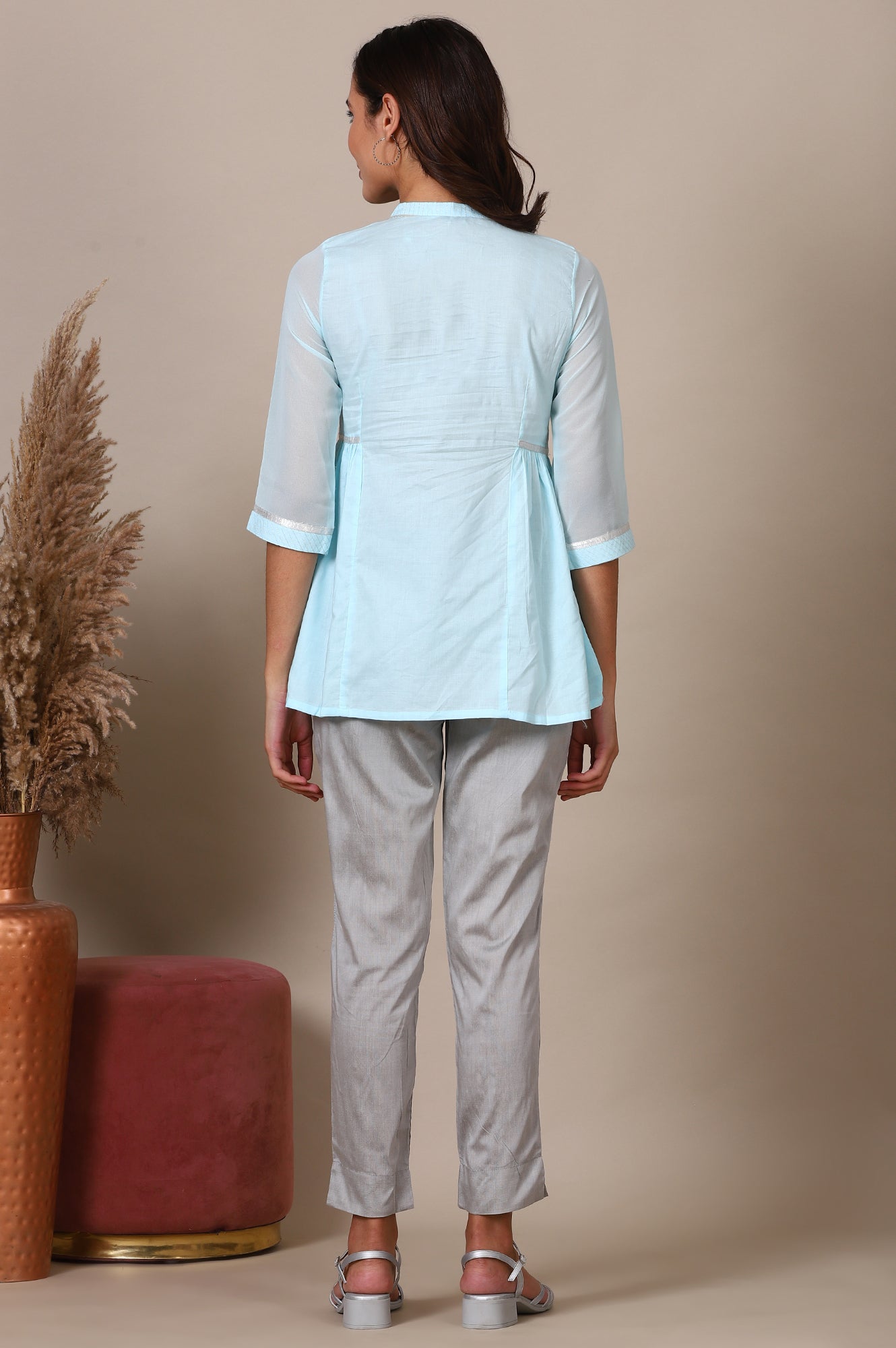 Blue Gathered A line Pure Cotton Top and Trousers Set