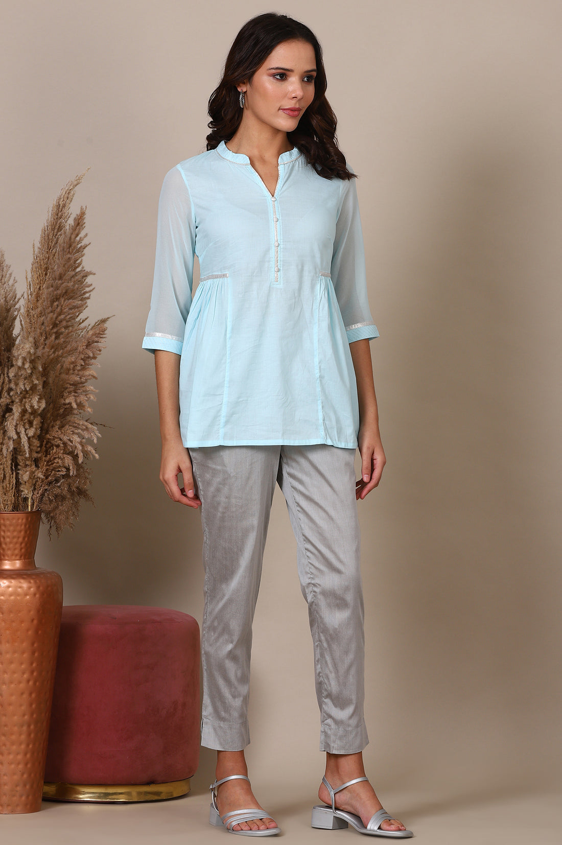 Blue A-line Pure Cotton Top and Trousers Set