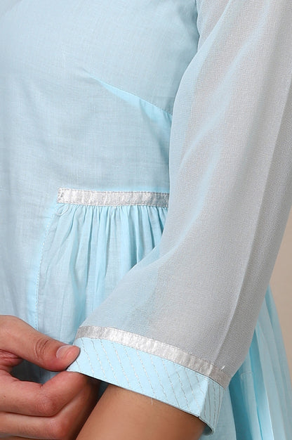 Blue Gathered A line Pure Cotton Top and Trousers Set