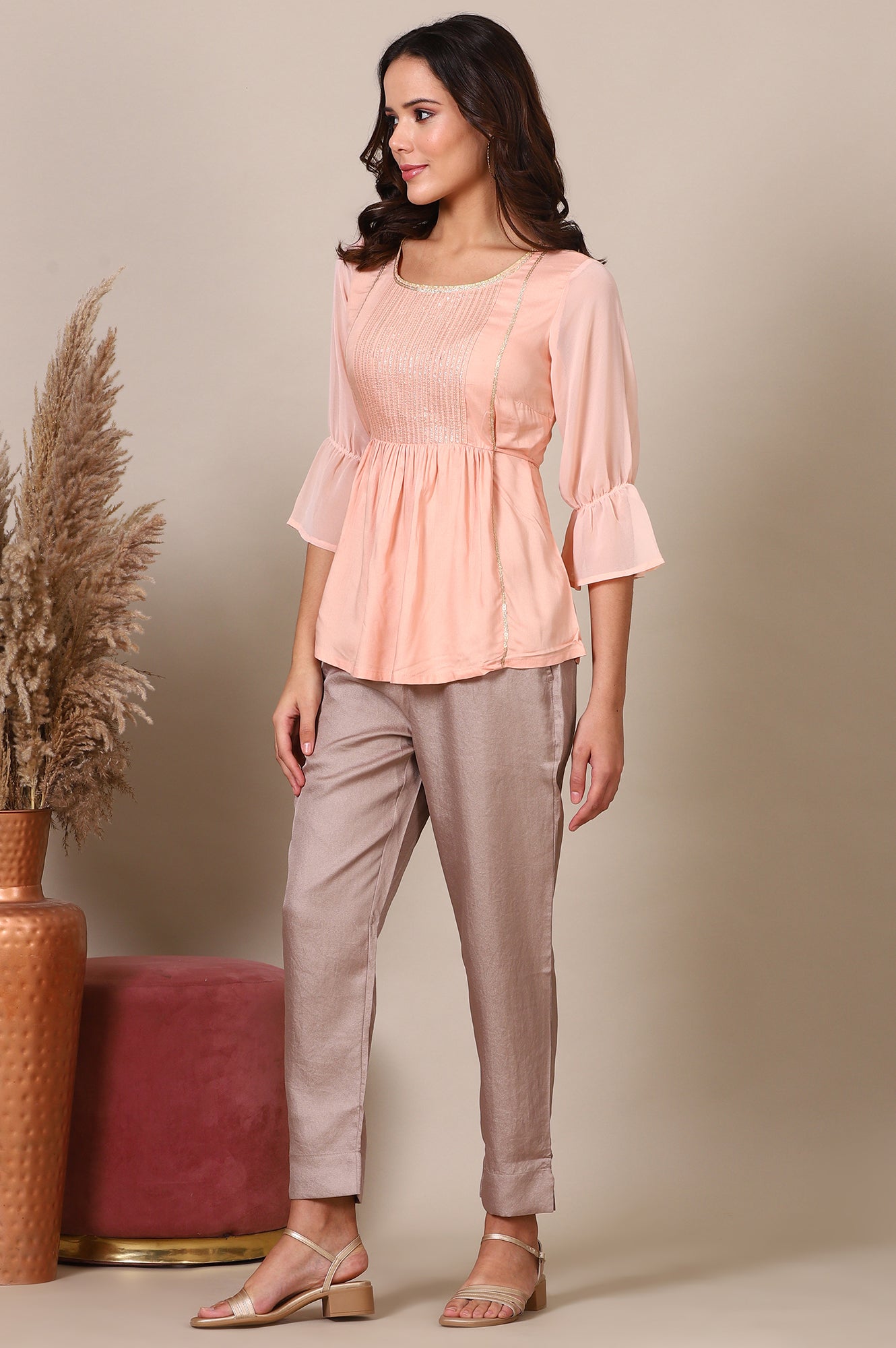 Pink Gathered A line Pure Cotton Top and Trousers Set