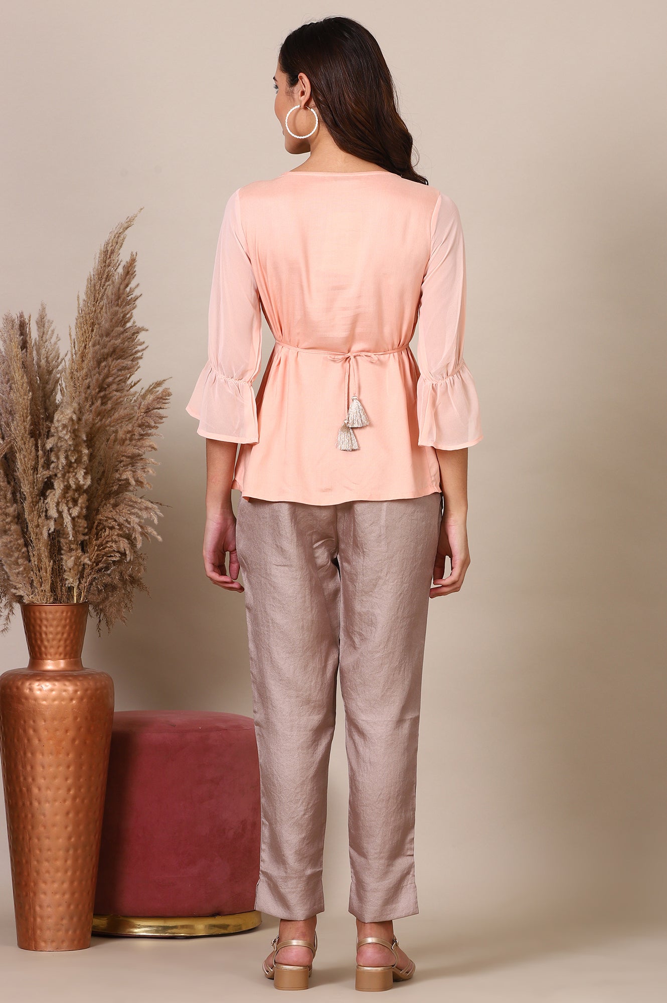 Pink Gathered A line Pure Cotton Top and Trousers Set