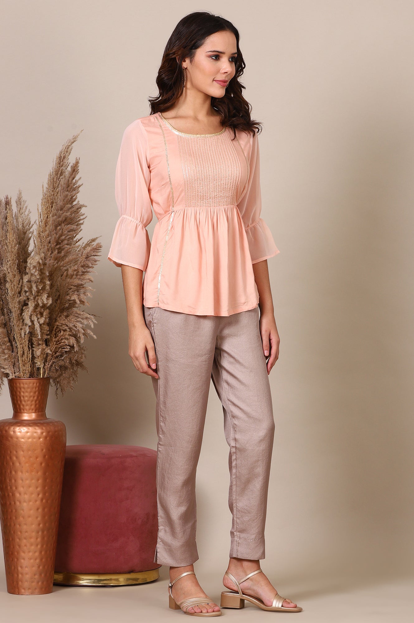 Pink Gathered A line Pure Cotton Top and Trousers Set