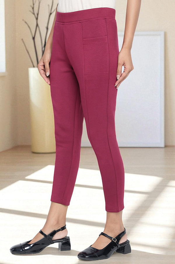 Purple Solid Mid Rise Tights in Calf Length