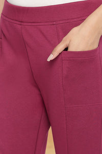 Purple Solid Mid Rise Tights in Calf Length