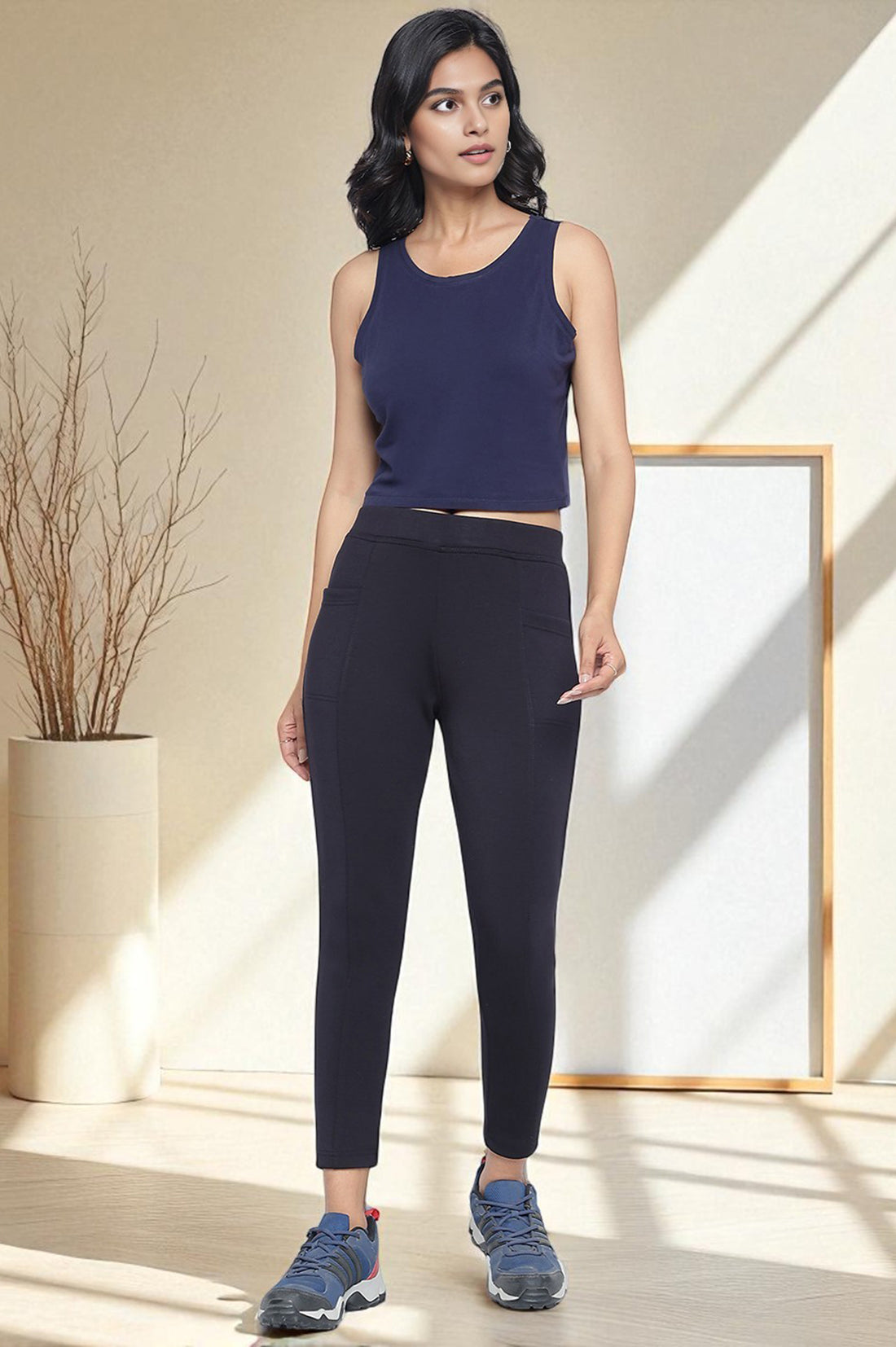 Black Solid Mid Rise Tights in Calf Length