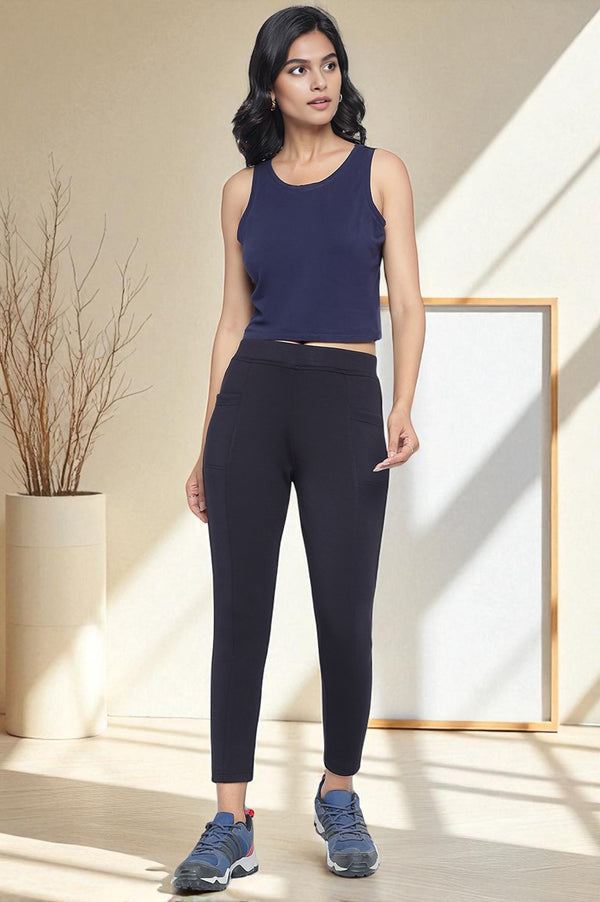 Black Solid Mid Rise Tights in Calf Length