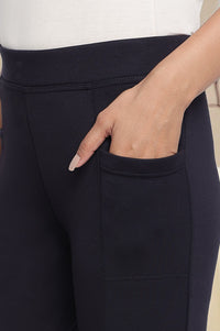 Black Solid Mid Rise Tights in Calf Length