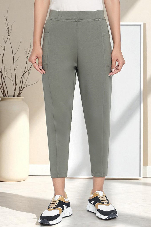Elleven Women's Green Solid Mid Rise Tights in Calf Length