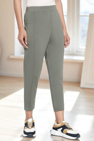 Green Solid Mid Rise Tights in Calf Length