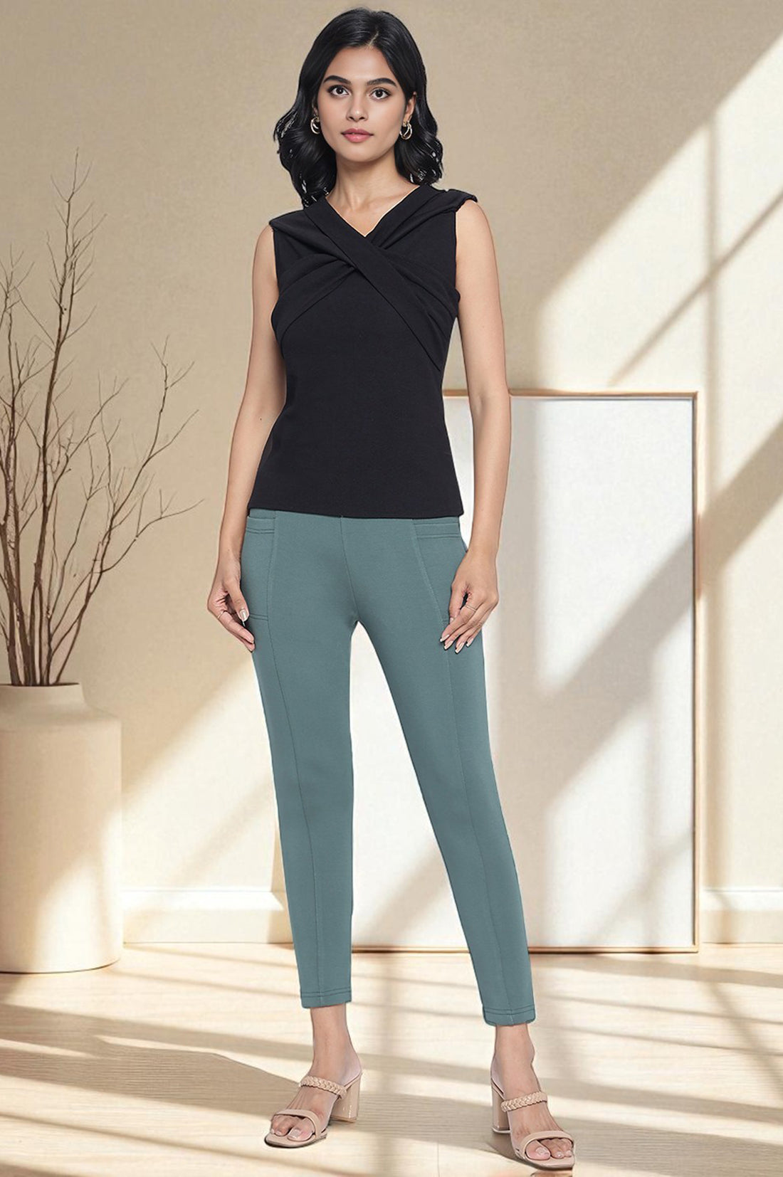 Green Solid Calf Length Tights