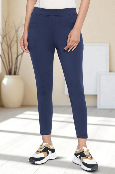 Navy Blue Solid Mid Rise Tights in Calf Length