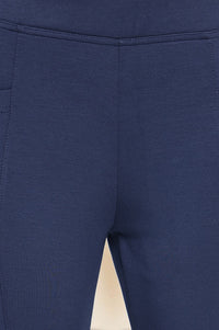 Navy Blue Solid Mid Rise Tights in Calf Length