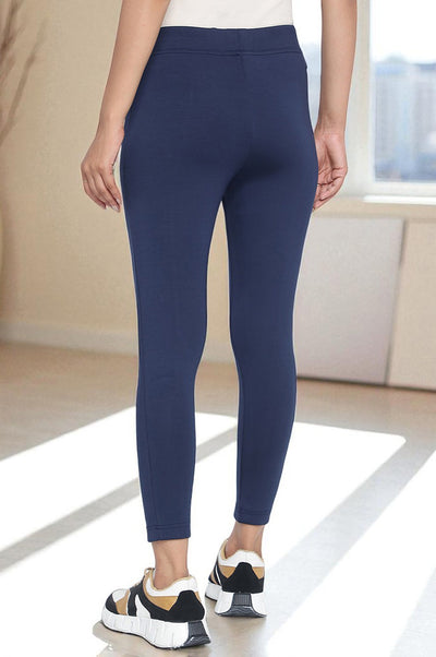 Navy Blue Solid Mid Rise Tights in Calf Length