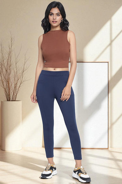 Navy Blue Solid Mid Rise Tights in Calf Length