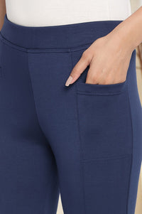 Navy Blue Solid Mid Rise Tights in Calf Length