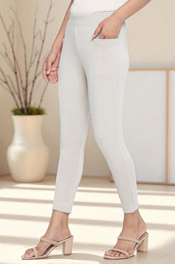 Tan Solid Mid Rise Tights in Calf Length