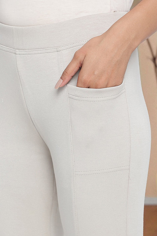 Tan Solid Mid Rise Tights in Calf Length