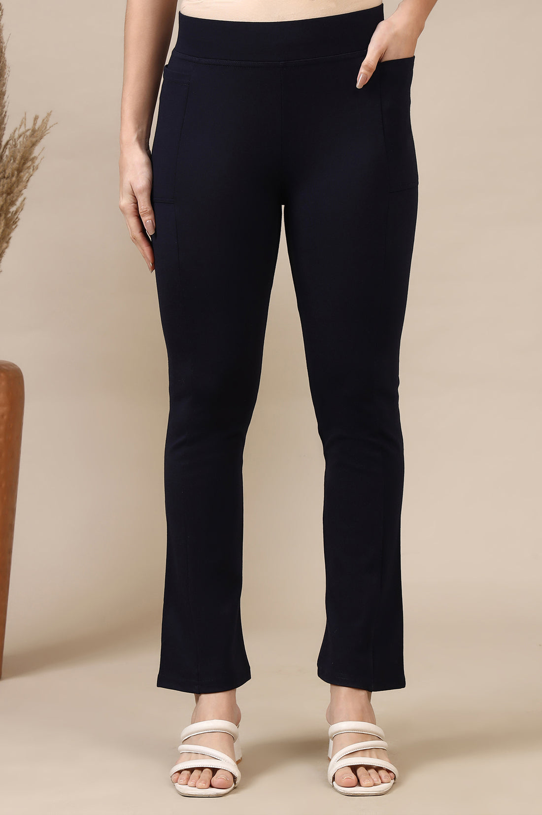 Navy Blue Flared Ankle Length Yoga Tights