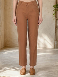Brown Solid Rayon Ankle Length Boss Pants