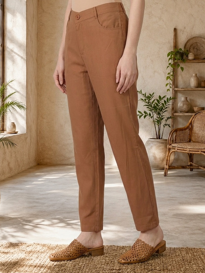 Brown Solid Rayon Ankle Length Boss Pants