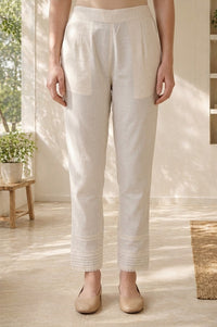 Off White Solid Cotton Flax Trousers with Pintucks